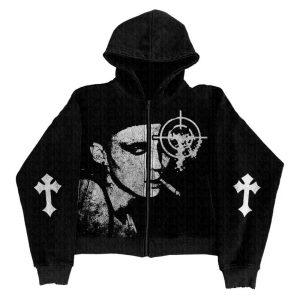 Y2K Grunge Noir Graphic Hoodie - Retro 90s Style for Trendy Outfits