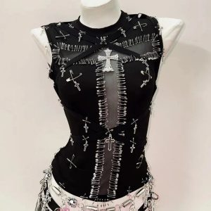 Y2K Grunge Safety Pin Cross Punk Top for Retro Summer Outfits