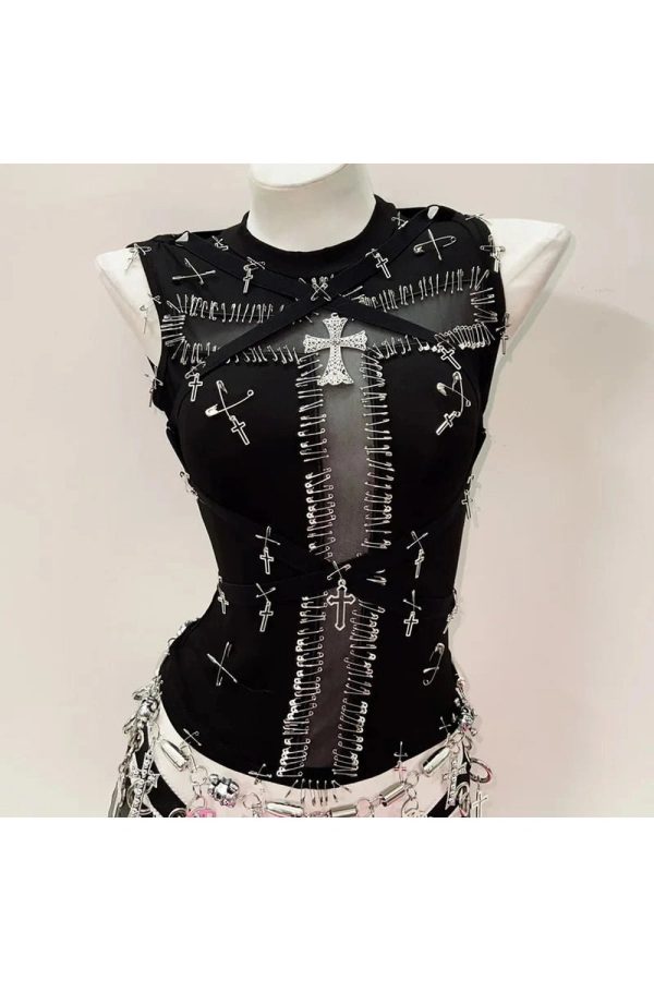 Y2K Grunge Safety Pin Cross Punk Top for Retro Summer Outfits