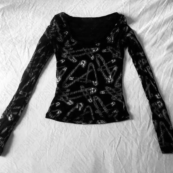 Y2K Grunge Safety Pin Long Sleeve Top for Retro Summer Outfits