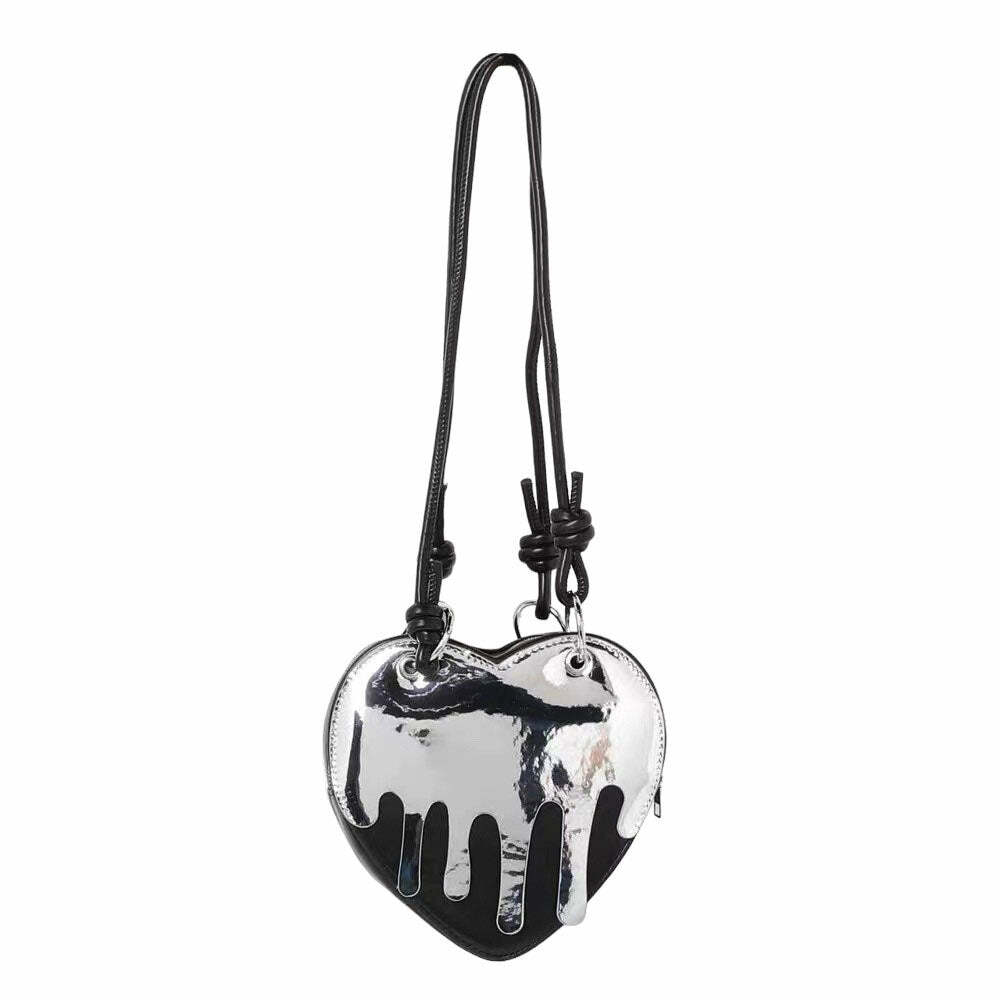 Y2K Grunge Silver Drip Heart Handbag for Retro Summer Outfits