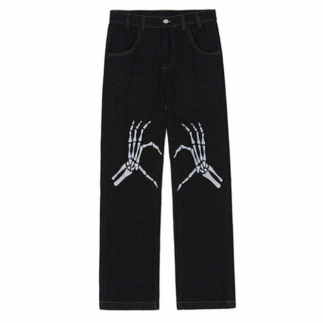 Y2K Grunge Skeleton Hands Embroidery Jeans for Retro Summer Vibes