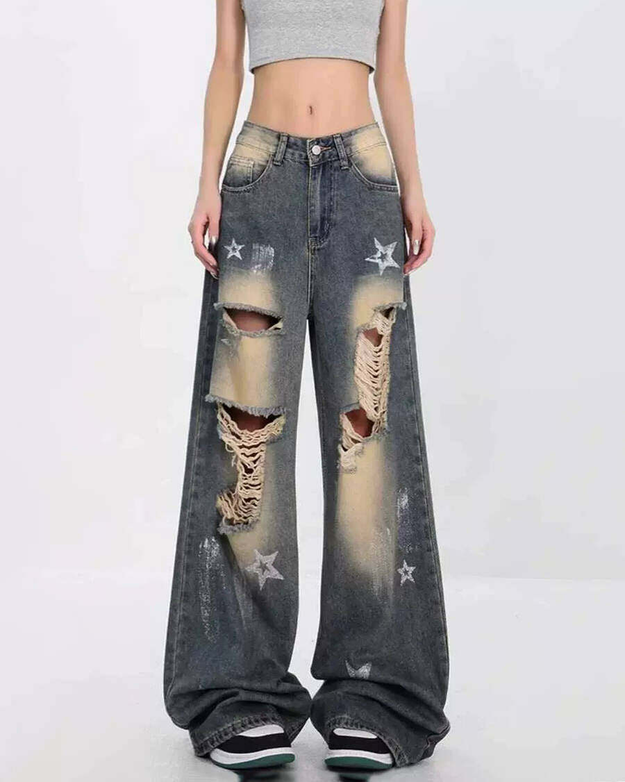 Y2K Grunge Star Girl Distressed Jeans for Retro Summer Outfits