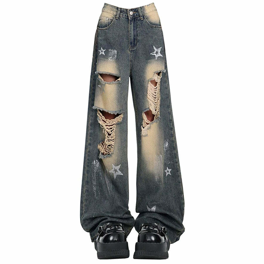 Y2K Grunge Star Girl Distressed Jeans for Retro Summer Outfits