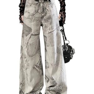 Y2K Grunge Washed Graffiti Wide-Leg Jeans for Retro Summer Vibes