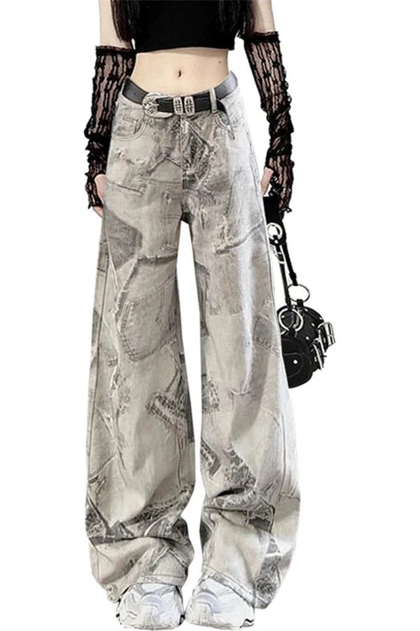 Y2K Grunge Washed Graffiti Wide-Leg Jeans for Retro Summer Vibes