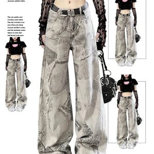 Y2K Grunge Washed Graffiti Wide-Leg Jeans for Retro Summer Vibes