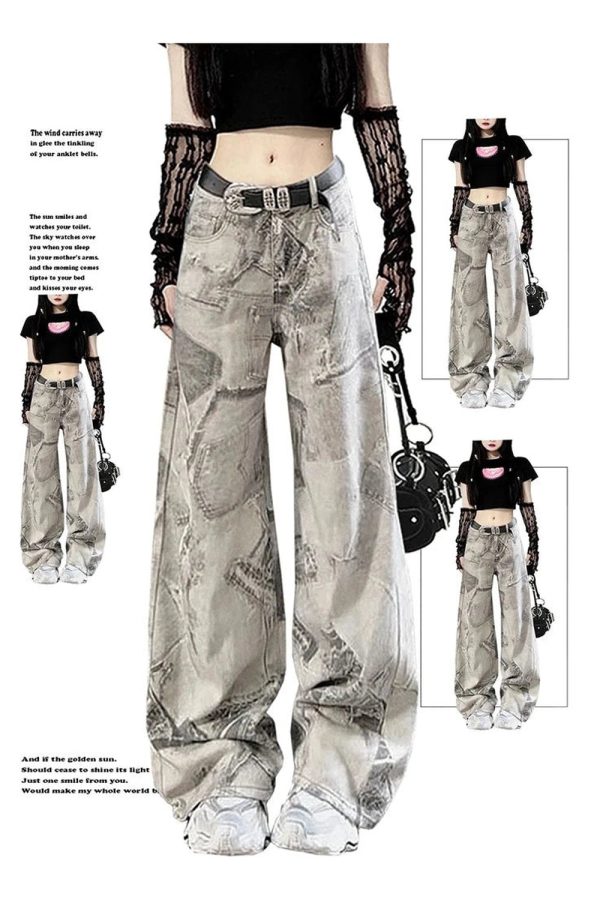 Y2K Grunge Washed Graffiti Wide-Leg Jeans for Retro Summer Vibes