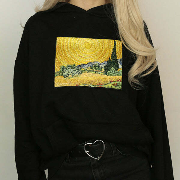 Y2K Grunge Wheat Field with Cypresses Hoodie for Retro Summer Vibes