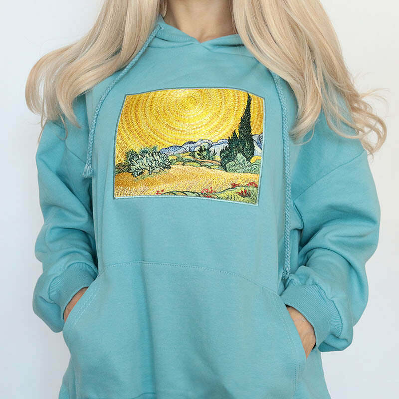 Y2K Grunge Wheat Field with Cypresses Hoodie for Retro Summer Vibes