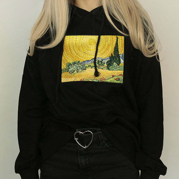 Y2K Grunge Wheat Field with Cypresses Hoodie for Retro Summer Vibes