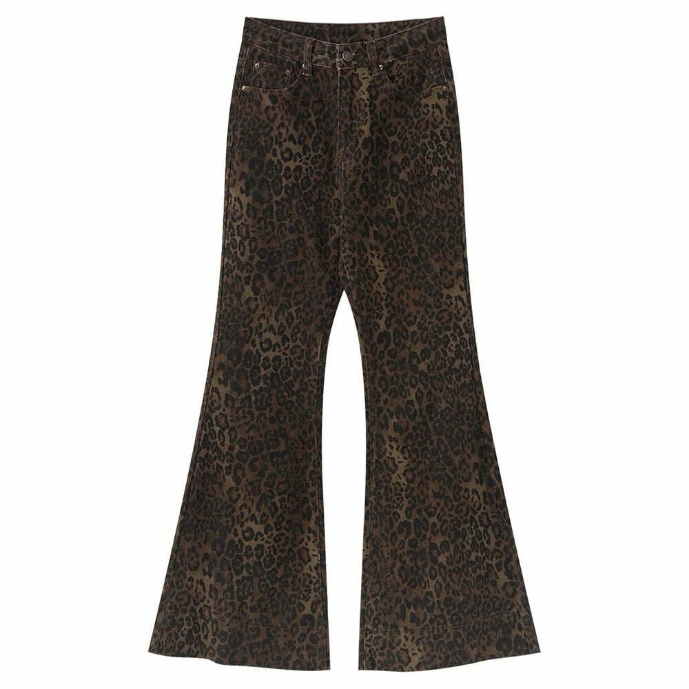 Y2K High-Waisted Leopard Flare Jeans for Retro Summer Outfits