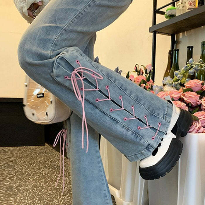 Y2K Lace Up Flared Jeans - Retro 90s Grunge Style for Trendy Outfits