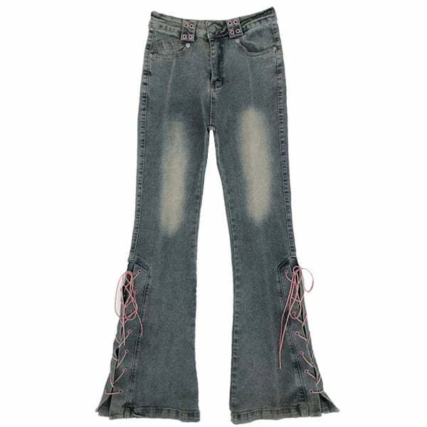 Y2K Lace Up Flared Jeans - Retro 90s Grunge Style for Trendy Outfits