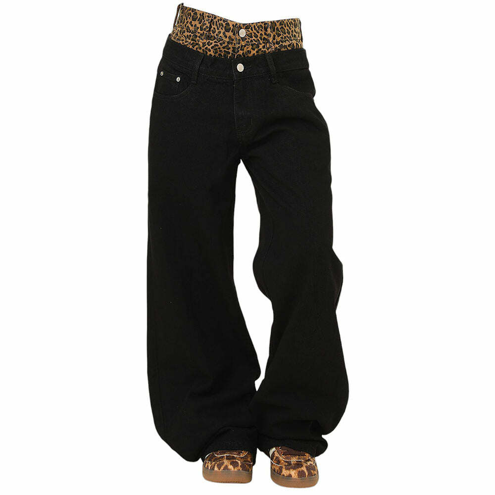 Y2K Layered Jeans with Inner Leopard Print - Trendy 90s Grunge Style