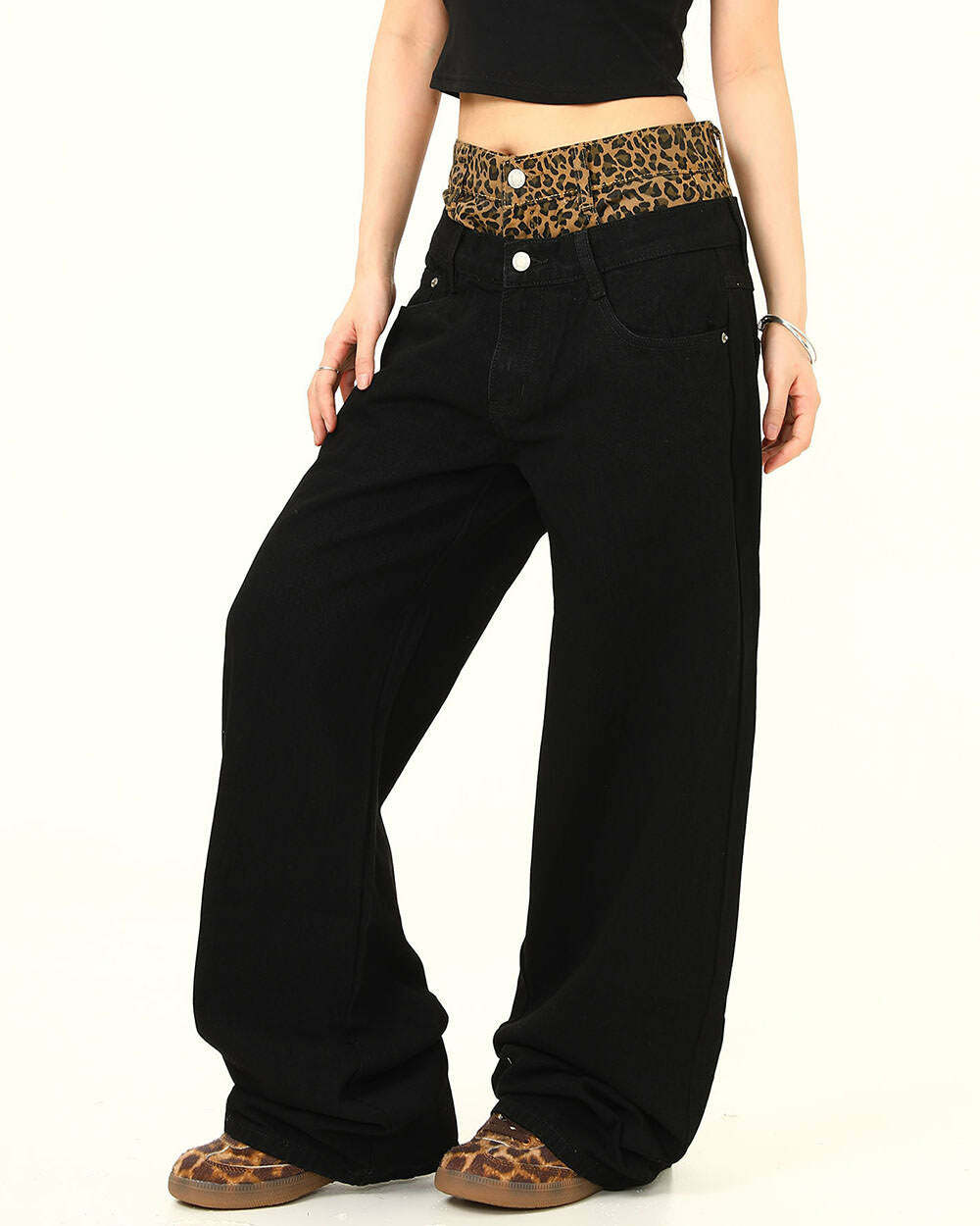 Y2K Layered Jeans with Inner Leopard Print - Trendy 90s Grunge Style