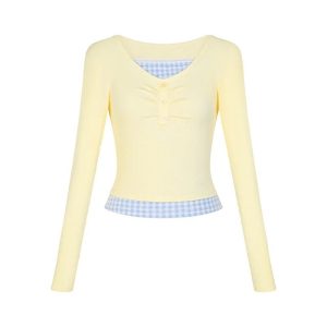 Y2K Lemon Gingham Layered Top for Retro Summer Outfits and Parties