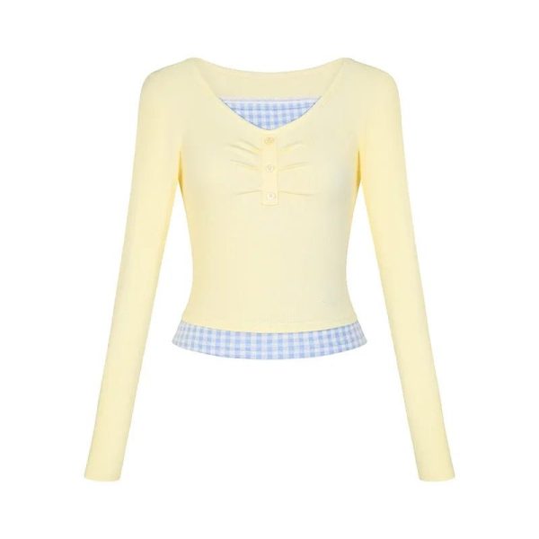 Y2K Lemon Gingham Layered Top for Retro Summer Outfits and Parties