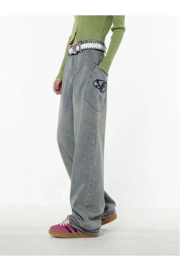 Y2K Loose Fit Logo Jeans: Retro 90s Grunge Style for Effortless Chic