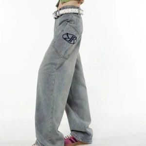 Y2K Loose Fit Logo Jeans: Retro 90s Grunge Style for Effortless Chic