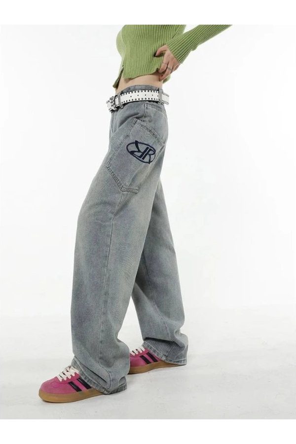 Y2K Loose Fit Logo Jeans: Retro 90s Grunge Style for Effortless Chic