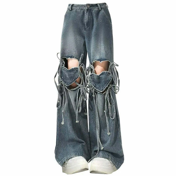 Y2K Love Knot Knee-Heart Denim Pants for Retro Summer Vibes