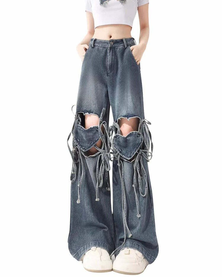 Y2K Love Knot Knee-Heart Denim Pants for Retro Summer Vibes