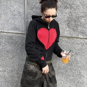 Y2K Lovecore Heart Zip-Up Hoodie for Retro Summer Vibes and Grunge Style