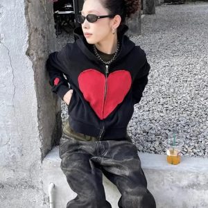 Y2K Lovecore Heart Zip-Up Hoodie for Retro Summer Vibes and Grunge Style