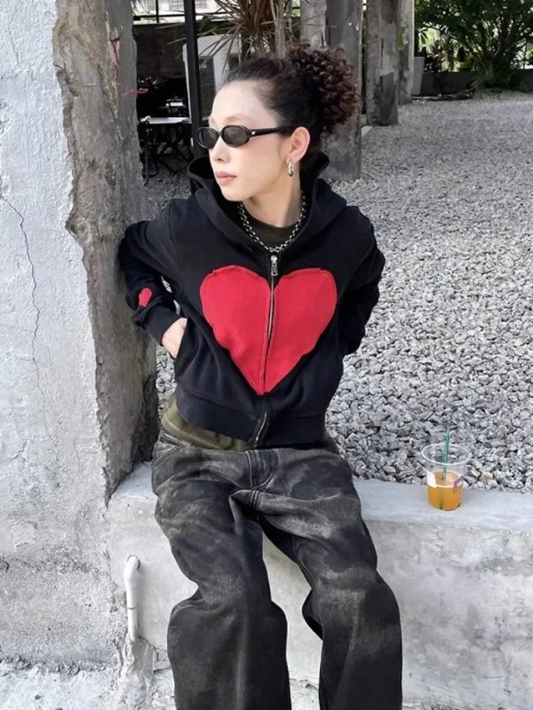 Y2K Lovecore Heart Zip-Up Hoodie for Retro Summer Vibes and Grunge Style