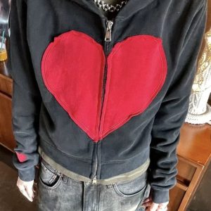 Y2K Lovecore Heart Zip-Up Hoodie for Retro Summer Vibes and Grunge Style