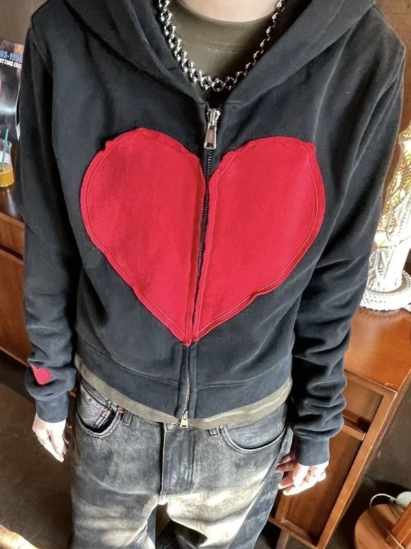 Y2K Lovecore Heart Zip-Up Hoodie for Retro Summer Vibes and Grunge Style