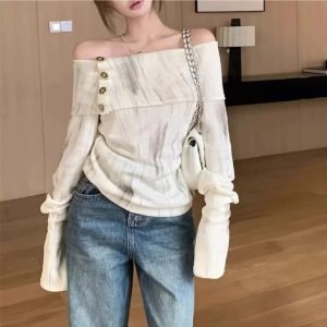 Y2K Off-Shoulder Buttoned Knit Top for Trendy Summer Outfits