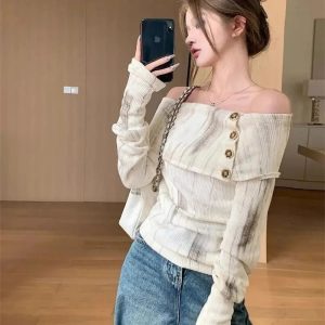 Y2K Off-Shoulder Buttoned Knit Top for Trendy Summer Outfits