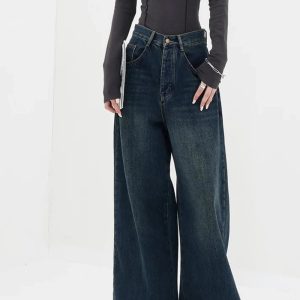 Y2K Oversized Dark Wash Wide-Leg Jeans for Retro Grunge Outfits