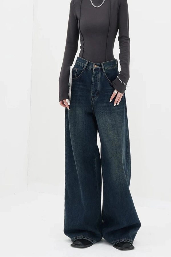 Y2K Oversized Dark Wash Wide-Leg Jeans for Retro Grunge Outfits