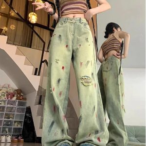 Y2K Paint Splatter Grunge Wide-Leg Jeans for Retro Summer Vibes