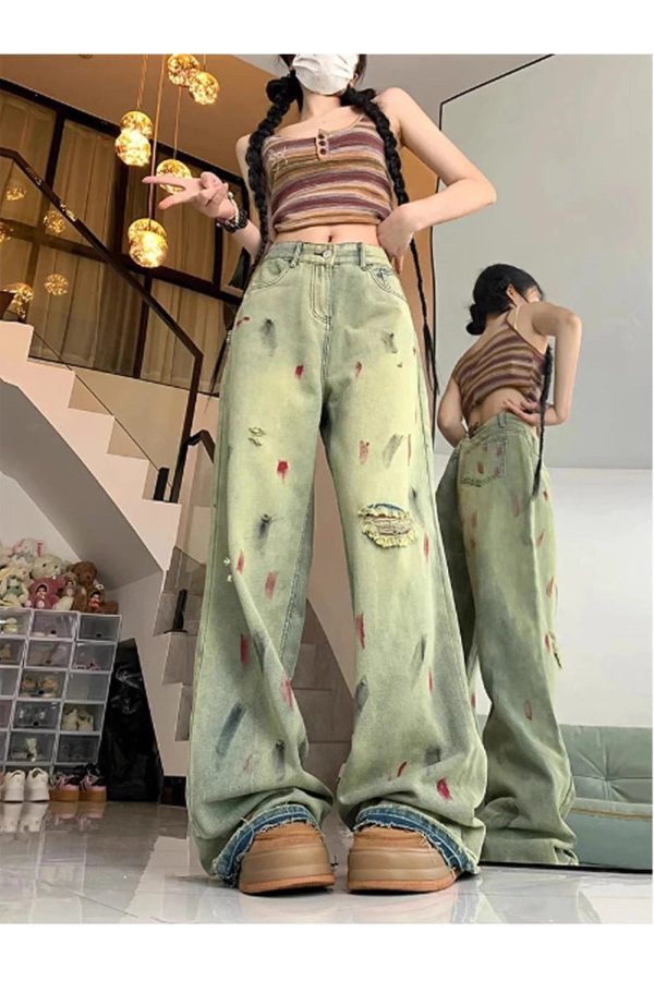 Y2K Paint Splatter Grunge Wide-Leg Jeans for Retro Summer Vibes