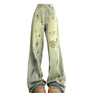 Y2K Paint Splatter Grunge Wide-Leg Jeans for Retro Summer Vibes