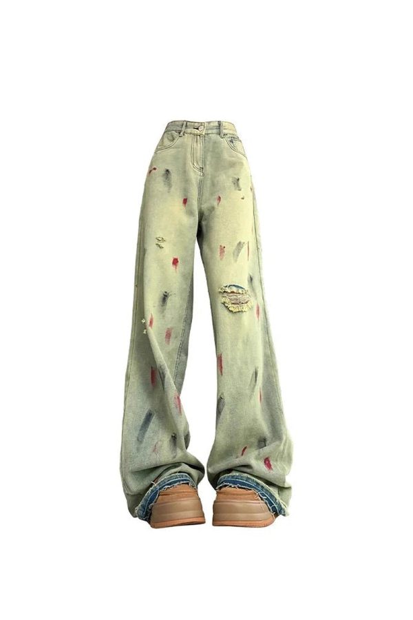 Y2K Paint Splatter Grunge Wide-Leg Jeans for Retro Summer Vibes