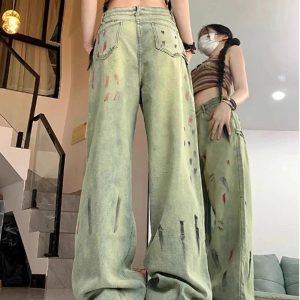 Y2K Paint Splatter Grunge Wide-Leg Jeans for Retro Summer Vibes