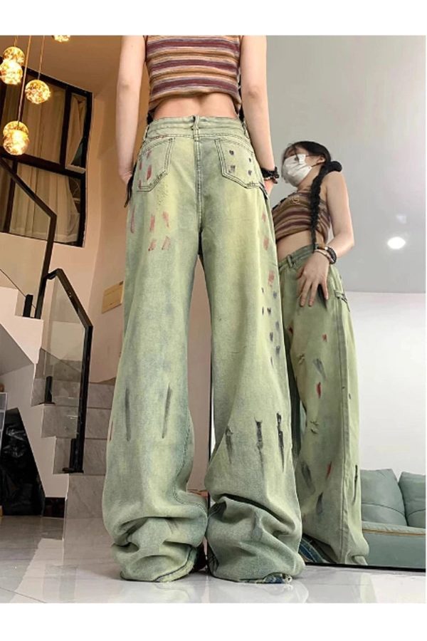 Y2K Paint Splatter Grunge Wide-Leg Jeans for Retro Summer Vibes