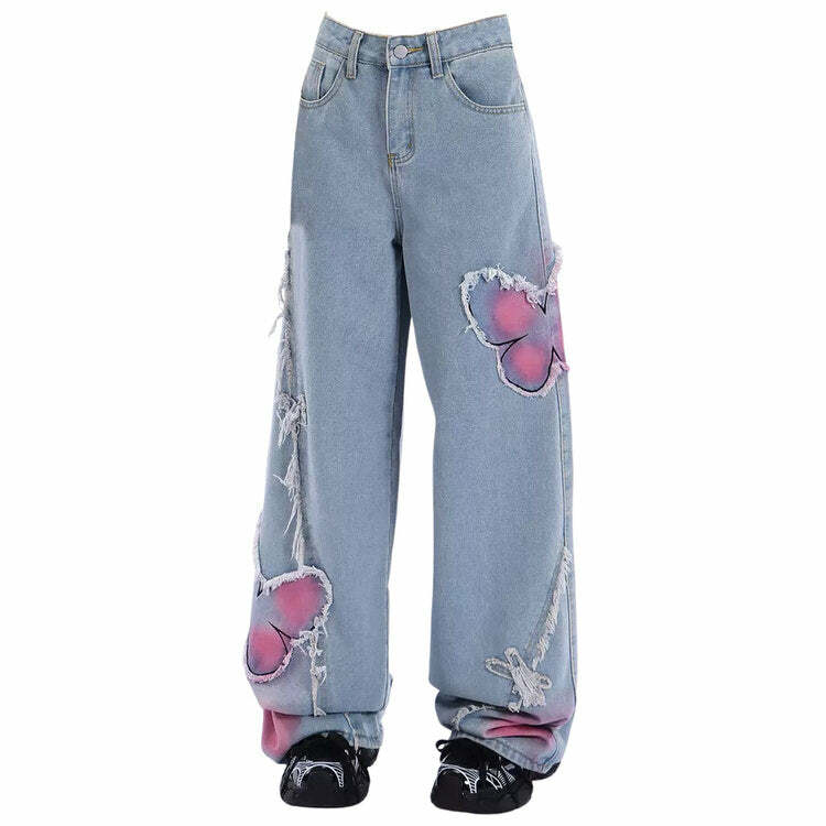 Y2K Pink Butterfly Wide Leg Jeans for Trendy Summer Outfits