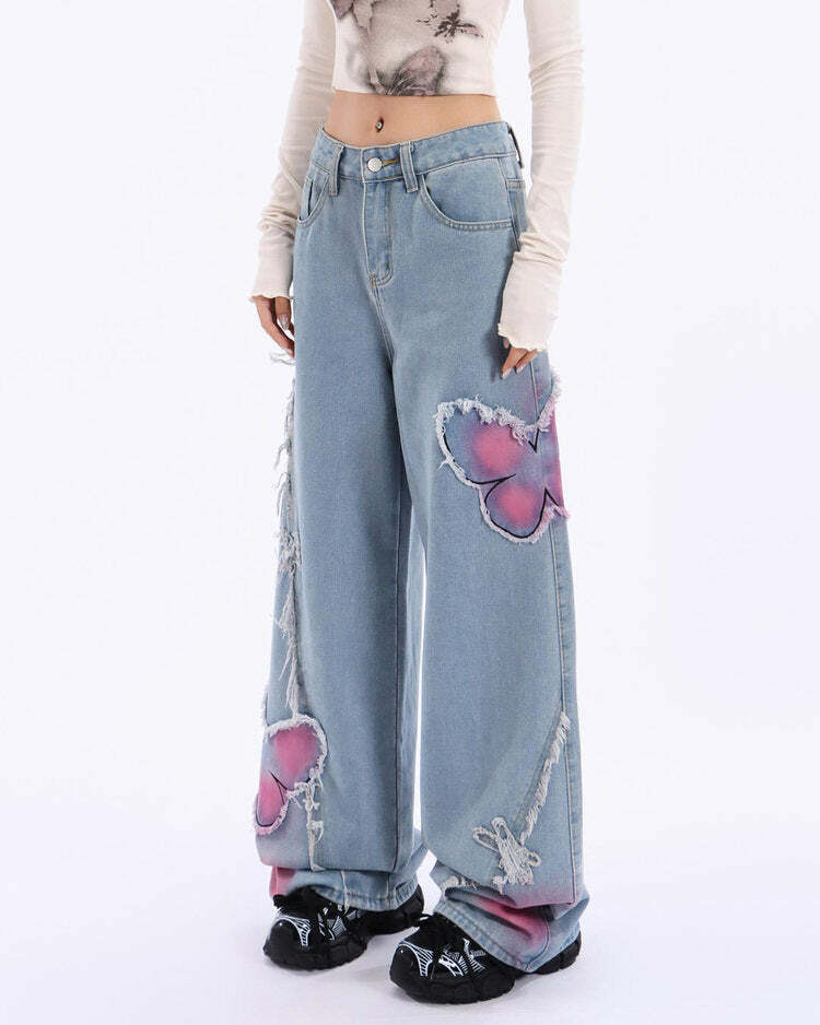 Y2K Pink Butterfly Wide Leg Jeans for Trendy Summer Outfits