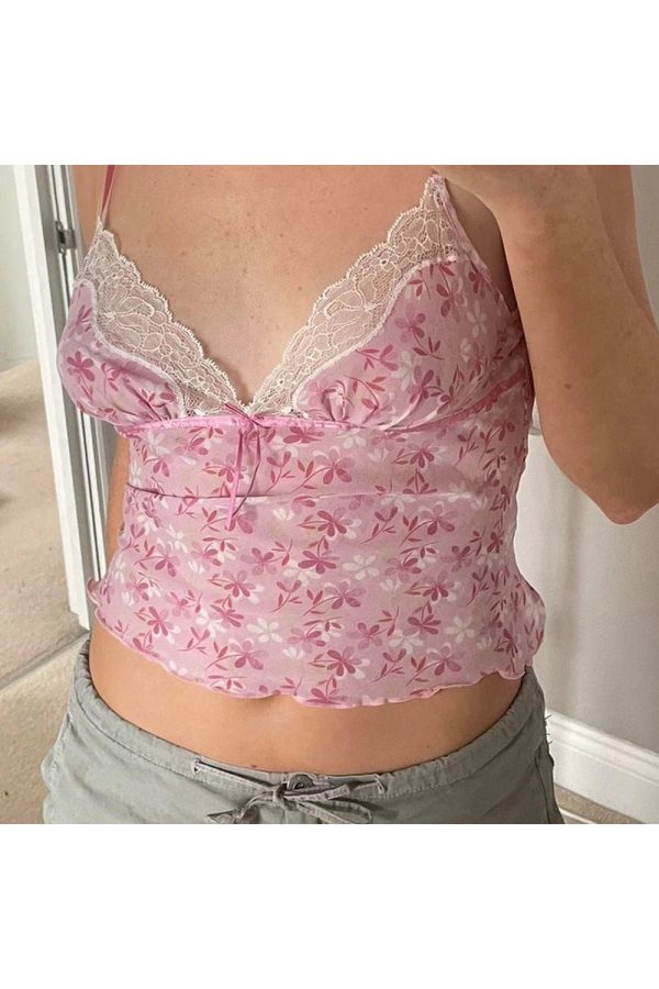 Y2K Pink Petal Lace Trim Top - Retro Summer Outfit for Trendy Women