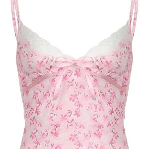 Y2K Pink Petal Lace Trim Top - Retro Summer Outfit for Trendy Women