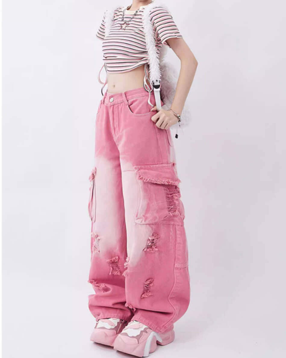 Y2K Pink Rebel Cargo Jeans for Trendy Summer Outfits and Grunge Vibes