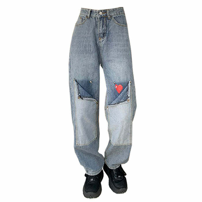 Y2K Pixel Heart Wide Leg Jeans for Retro Summer Outfits