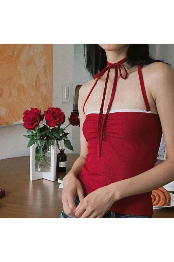 Y2K Red Lace-Trim Halter Top for Summer Party & Grunge Outfits