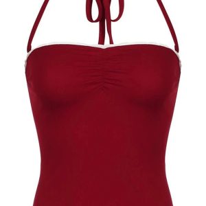 Y2K Red Lace-Trim Halter Top for Summer Party & Grunge Outfits